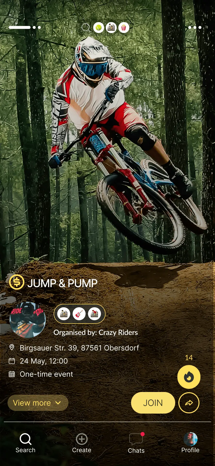 example screen in the app with mountbike event